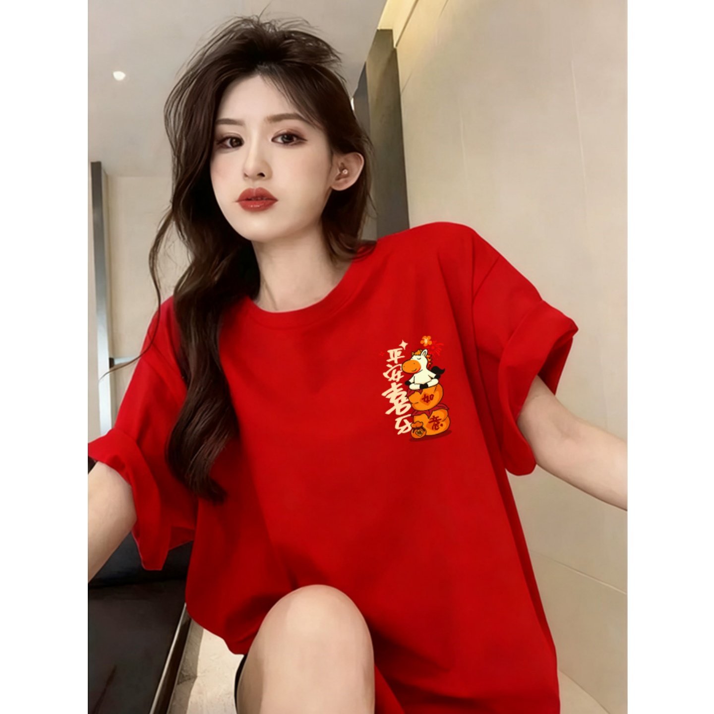 2026新款本命年红色马印花短袖t恤女圆领纯棉大码打底衫宽松上衣,淘宝优惠券,粉丝福利购,淘宝优惠卷