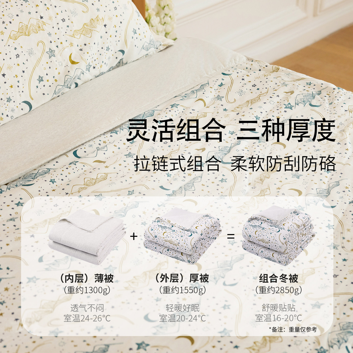 Nest Designs三合一子母被竹棉软绵透气盖被保暖秋冬被芯四季通用,淘宝优惠券,粉丝福利购,淘宝优惠卷