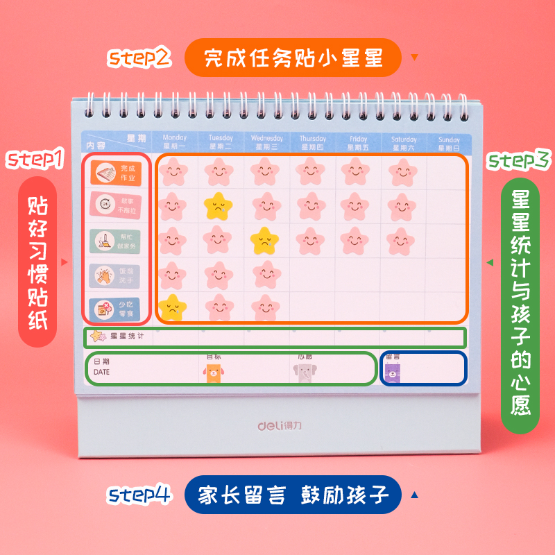 得力儿童成长自律表好习惯养成行为打卡计划表小学生家用作息时间管理表奖励贴纸记录表幼儿园台历式自律神器 得力启聚专卖店