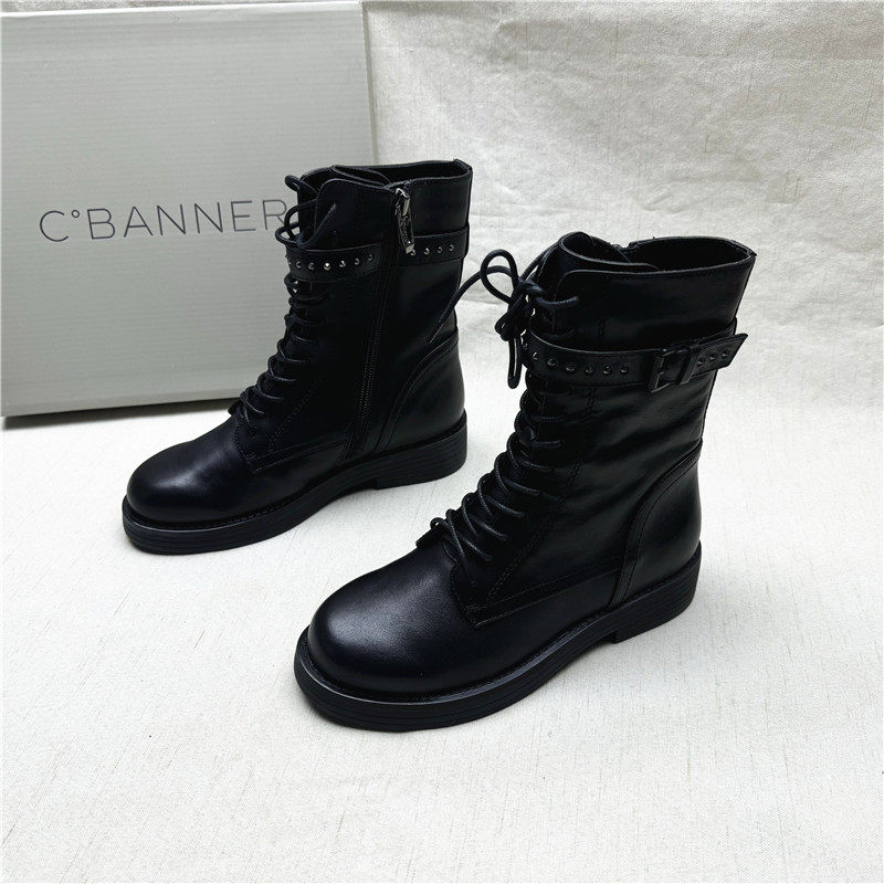 C.BANNER/千百度撤柜正品时尚交叉绑带马丁靴女新款真皮加绒短靴,淘宝优惠券,粉丝福利购,淘宝优惠卷
