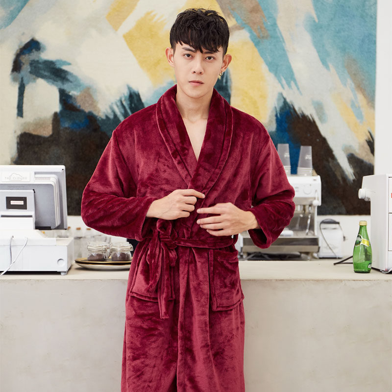 秋冬季法兰绒男情侣加长款睡袍 玫杜妃睡袍/浴袍