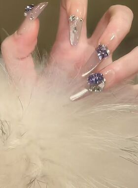 纯手工紫罗兰冰钻猫眼穿戴甲显白