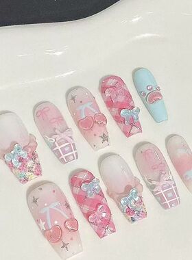 碎花樱桃半手工美甲穿戴甲
