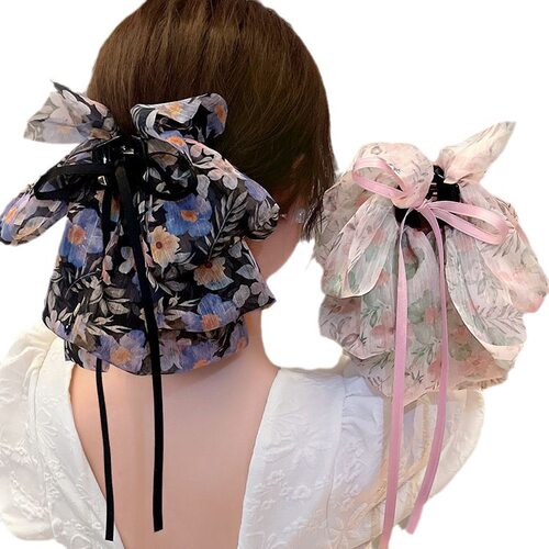 超仙碎花蝴蝶结飘带抓夹高级感多用发夹女后脑勺鲨鱼夹马尾发饰 - 图3