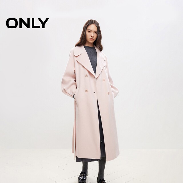 ONLY冬季100%绵羊毛优雅复古双排扣翻领长款毛呢大衣外套女