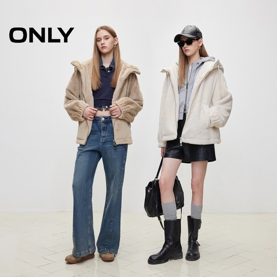 ONLY冬季OVERSIZE连帽落肩环保皮草棉服女|124422002