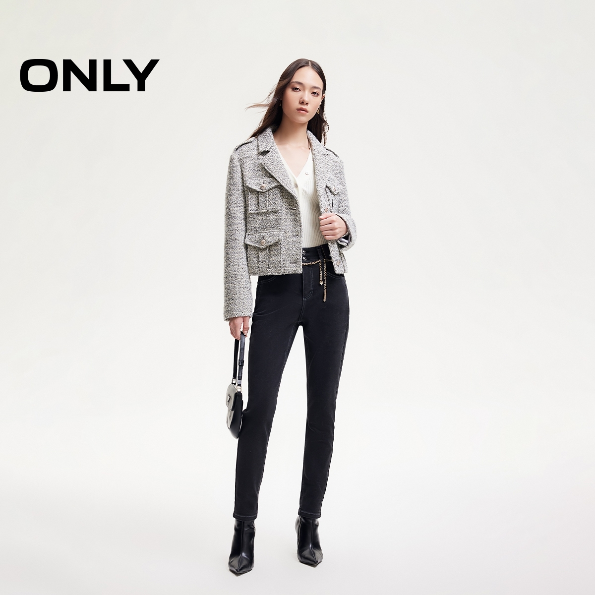 ONLY2024冬季新款加绒保暖小个子高腰紧身牛仔裤女|124432035