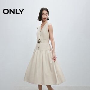 ONLY夏季利落V领精致琥珀纹扣收腰无袖中长裙连衣裙子