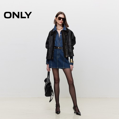 ONLY秋季莱卡PU拼接高腰A字牛仔短裙半身裙女|124437005 - 图1