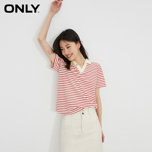 【条纹Polo T】ONLY夏季新款时尚正肩显瘦刺绣小V翻领上衣T恤女