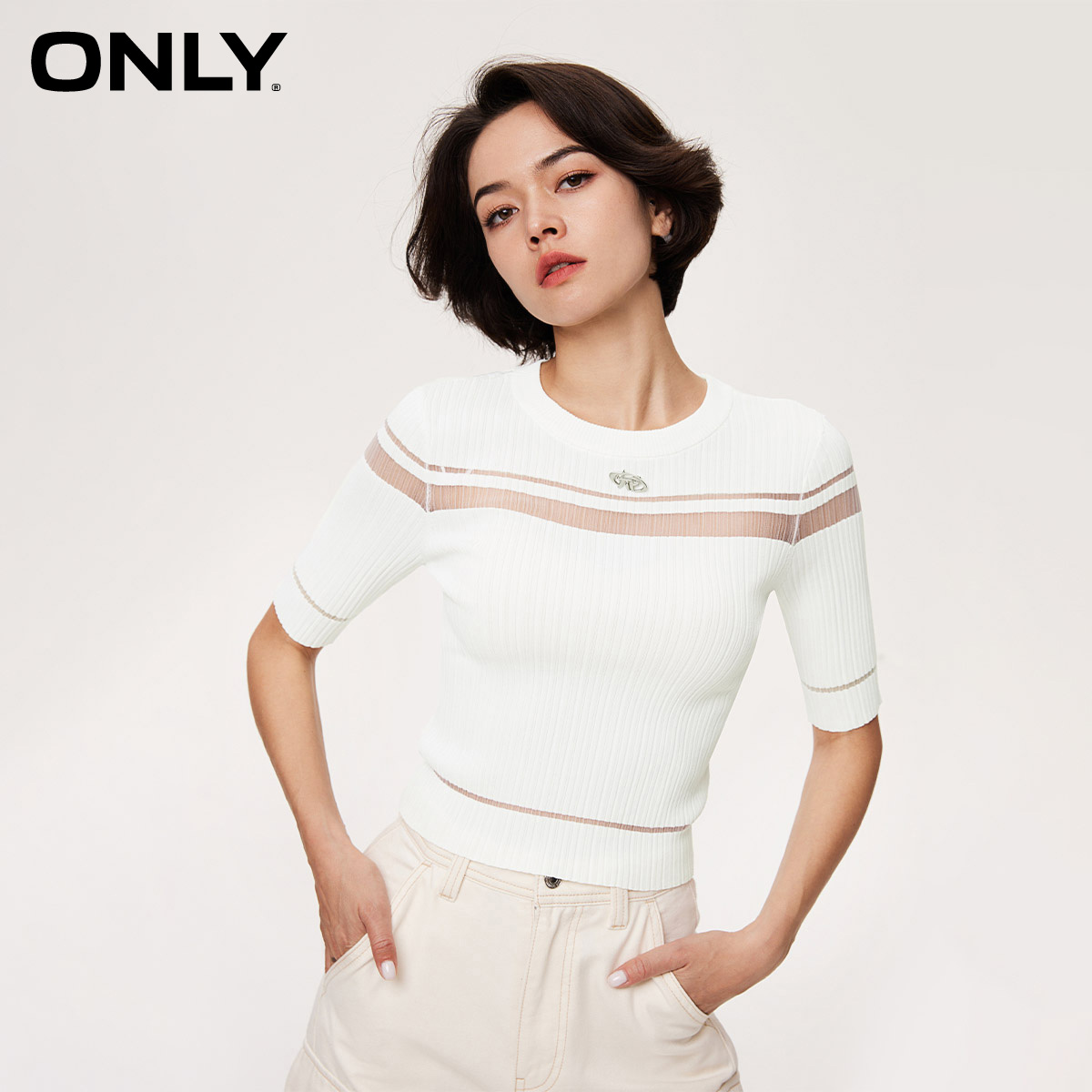 ONLY休闲设计感拼接圆领短袖