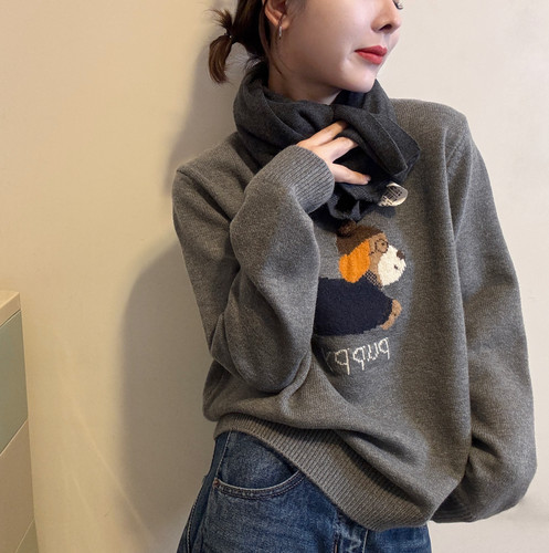 欧洲站2025冬季新款韩味圆领可爱卡通小狗提花针织衫减龄套头毛衣 - 图1