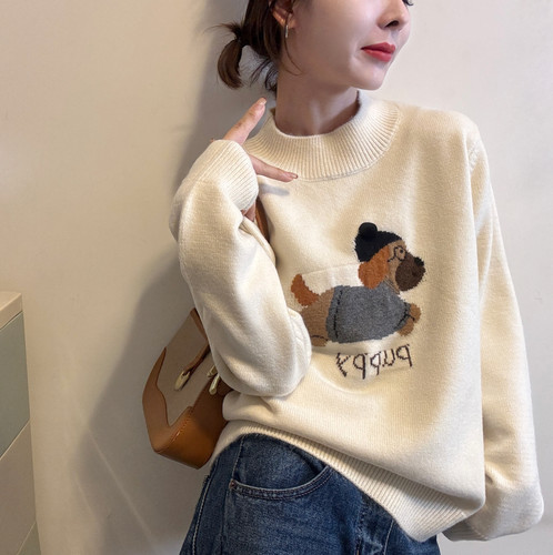欧洲站2025冬季新款韩味圆领可爱卡通小狗提花针织衫减龄套头毛衣 - 图2