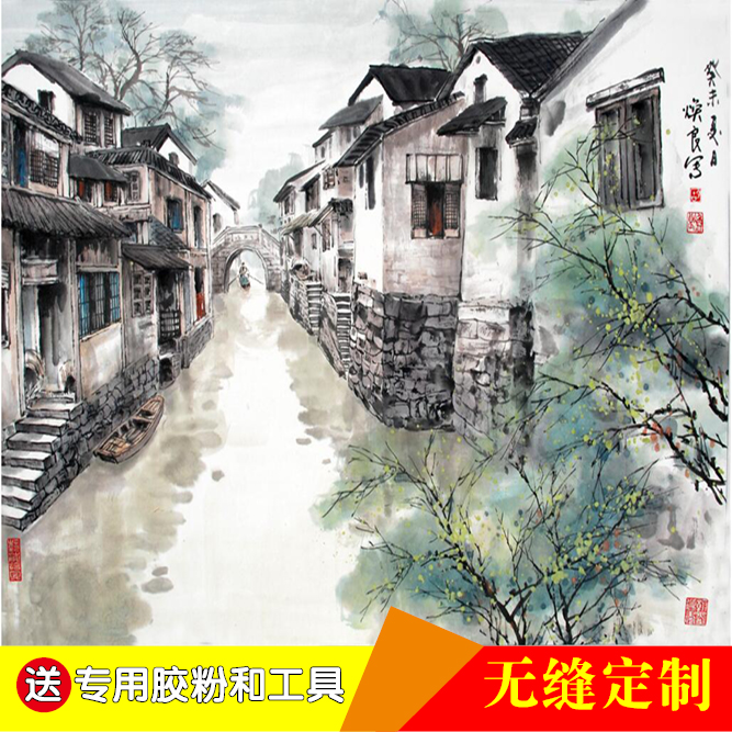 江南水乡中国风古典山水画背景墙餐厅墙纸壁画餐厅餐馆客厅包间-图0