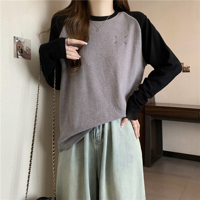 Embroidered Raglan Long Sleeve T-Shirt Women's Autumn and Winter 2024 New Style