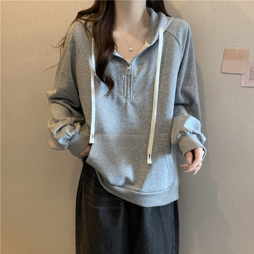 半拉链连帽卫衣女春秋薄款2026新款宽松长袖上衣加绒oversize外套 - 图2