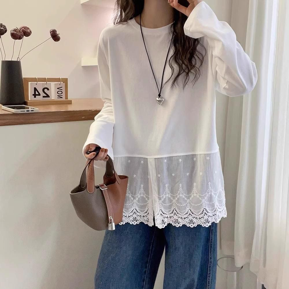 蕾丝花边开叉下摆长袖T恤女秋冬季纯棉打底衫内搭宽松显瘦上衣潮,淘宝优惠券,粉丝福利购,淘宝优惠卷