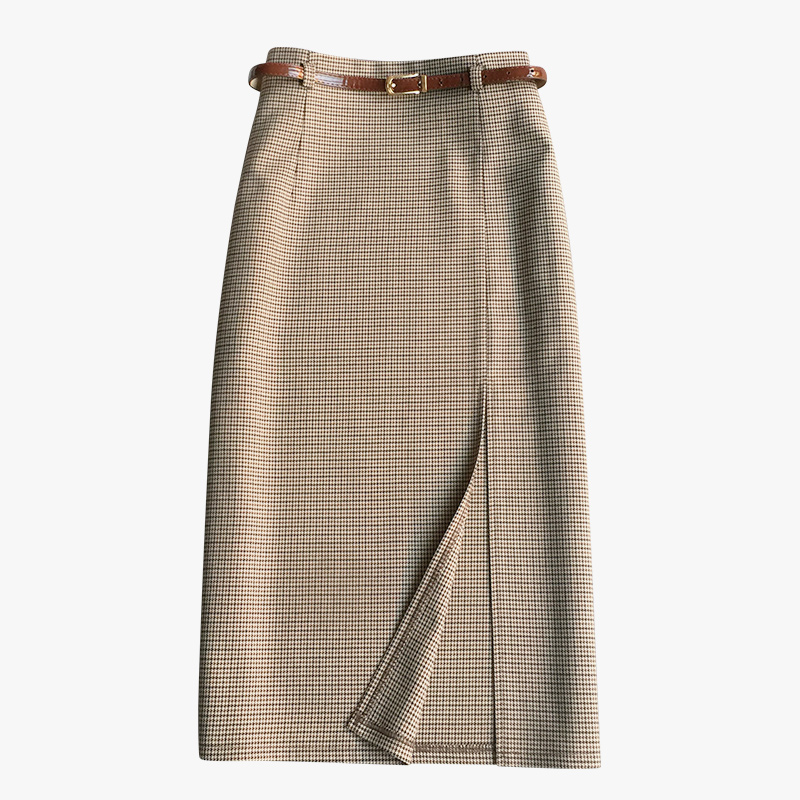 半身裙中长款前侧开叉2025秋冬季新款千鸟格a字裙腰带复古格子裙 - 图3