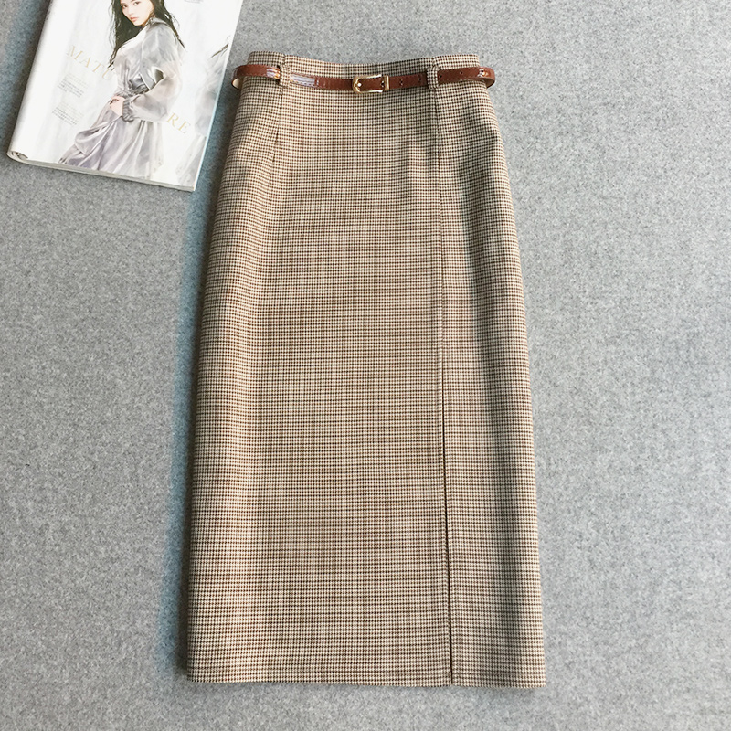 半身裙中长款前侧开叉2025秋冬季新款千鸟格a字裙腰带复古格子裙 - 图0