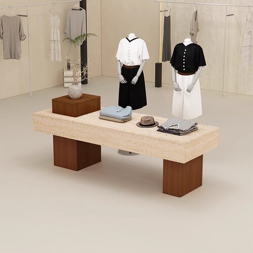 服装店中岛台女装店铺中间流水台简约现代洞石纹展示桌鞋包陈列柜 - 图3