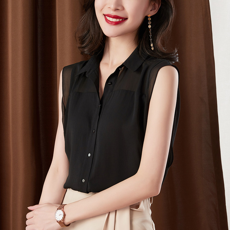 黑色设计感小众夏季无袖雪纺衬衫 苏佩衬衫