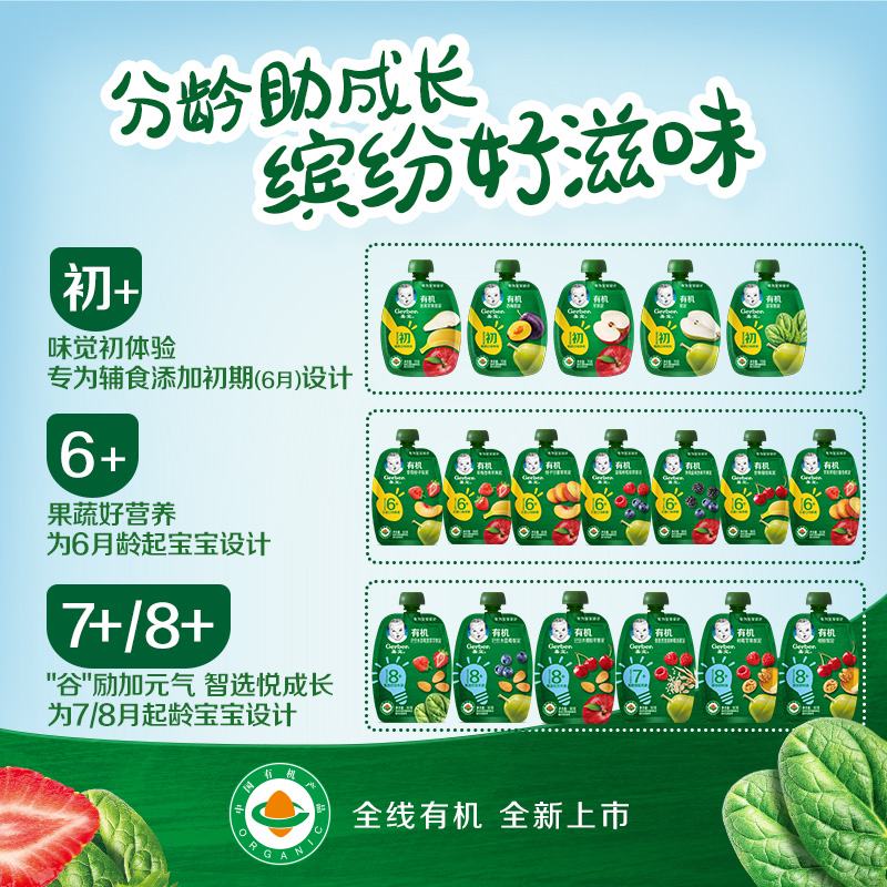 gerber嘉宝旗舰店嘉宝有机果泥婴儿水果泥宝宝辅食泥 初+6+8+月龄多口味5袋组合3