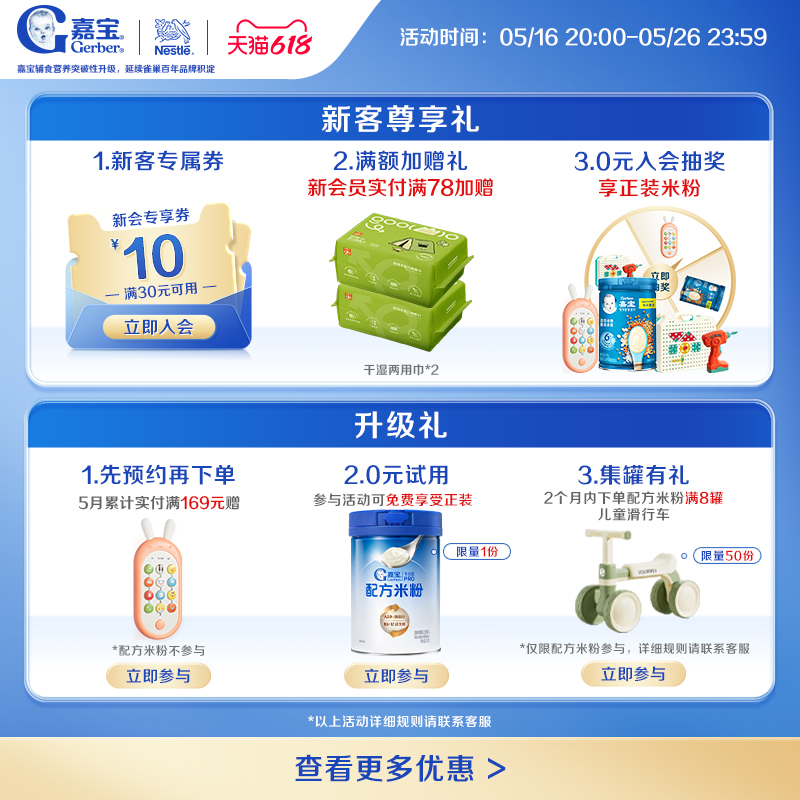 Gerber嘉宝官方旗舰店高铁谷物米粉婴儿宝宝辅食维C米糊6月龄250g
