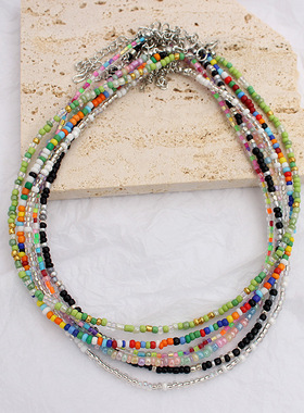 韩国新款复古串珠 米珠项链 手工时尚彩色波西米亚多巴胺锁骨链