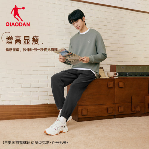 乔丹摇粒绒保暖收口长裤男士2025冬季新款显瘦休闲黑色束脚卫裤男 - 图0