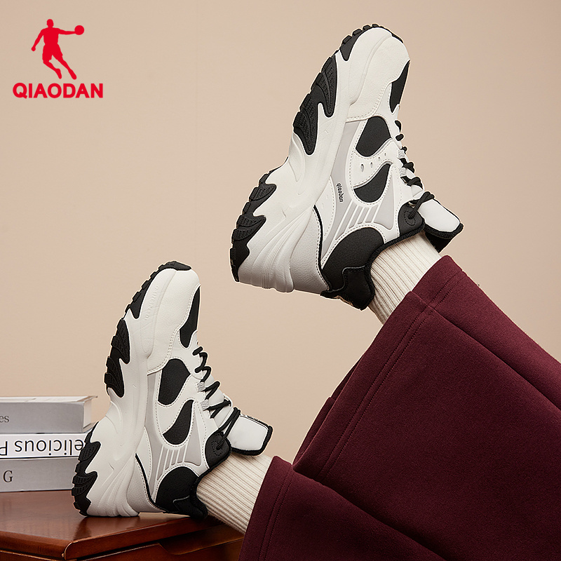 精灵兔IV乔丹老爹鞋女春季黑白皮面加绒保暖休闲鞋厚底增高运动鞋