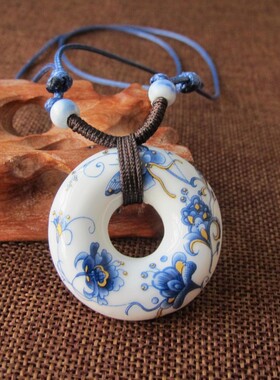 民族风青花瓷陶瓷项链吊坠女长款毛衣链 景德镇陶瓷饰品批发