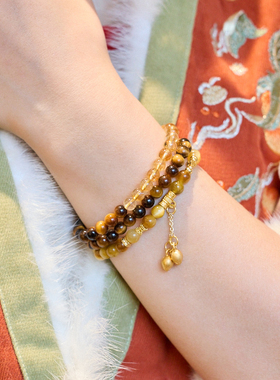 天然虎眼石手串女黄水晶招财双圈