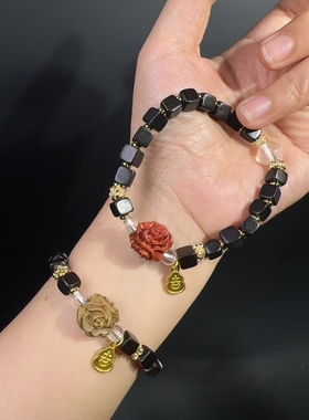 黑檀木方块玫瑰花手链中式文创景区寺院爆款手