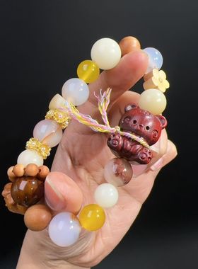 12MM天然水草玛瑙搭配小熊黄杨木小花布丁狗跑环单圈手链手链手串