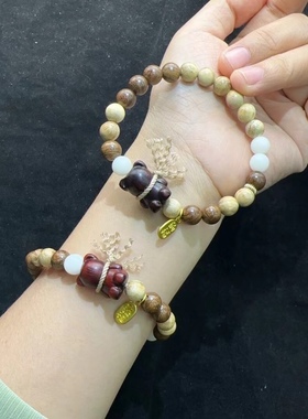 8MM奶香木金丝檀木搭配紫檀木围巾小熊檀木手串