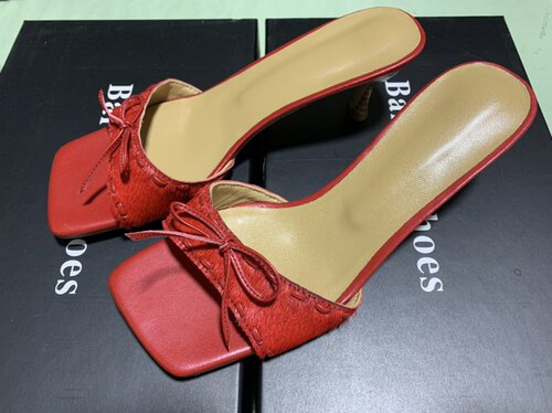 Baroccoshoes复古古着vintage马毛蝴蝶结真皮中跟女外穿拖鞋 - 图0