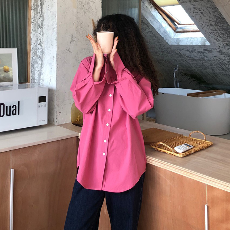 百思朵树莓色女玫粉色宽松长袖衬衫 百思朵衬衫