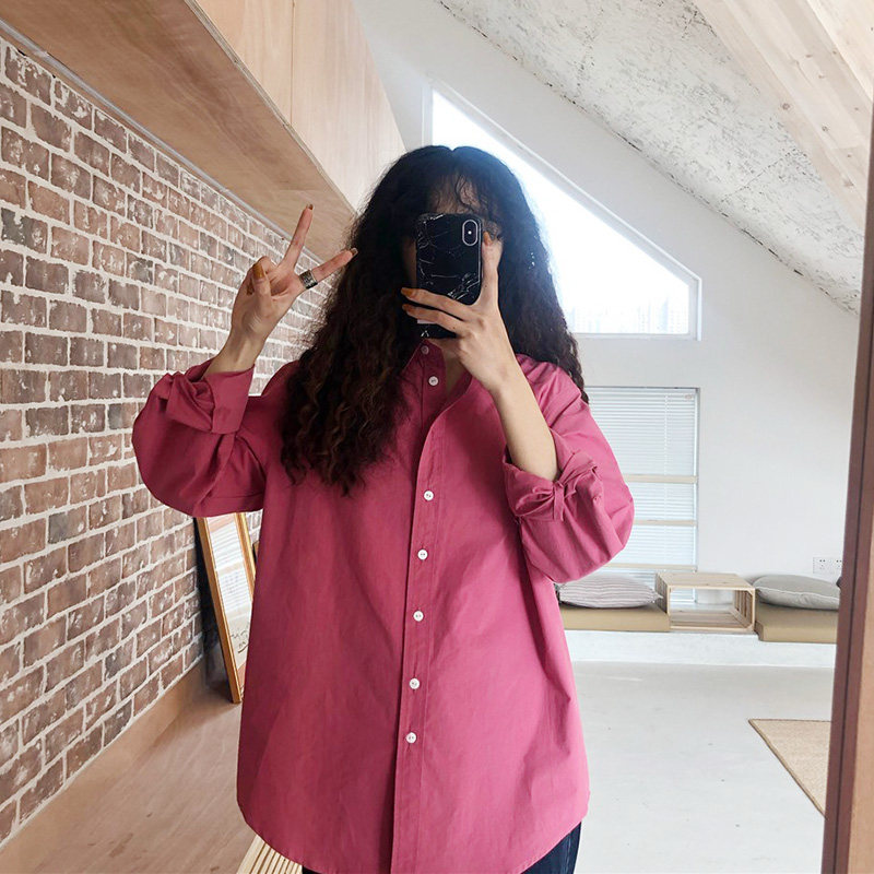 百思朵树莓色女玫粉色宽松长袖衬衫 百思朵衬衫