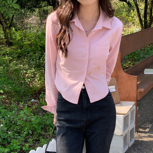 温柔甜美蜜桃粉色衬衫女别致短款小个子高级感叠穿小众设计感上衣 - 图1