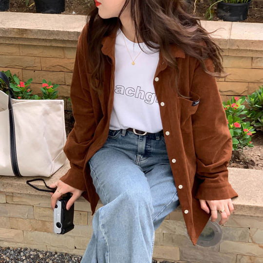 Retro long sleeve corduroy caramel shirt jacket thick