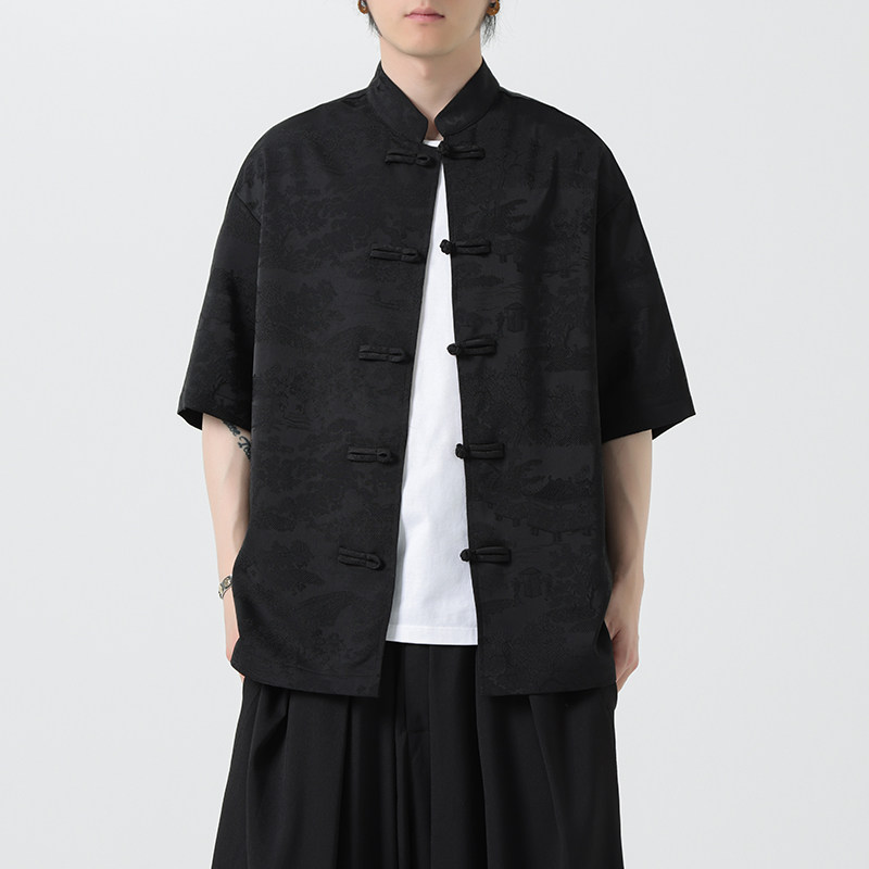 复古风汉服中国风男装夏季薄款提花短袖衬衫新中式唐装大码衬衣潮,淘宝优惠券,粉丝福利购,淘宝优惠卷