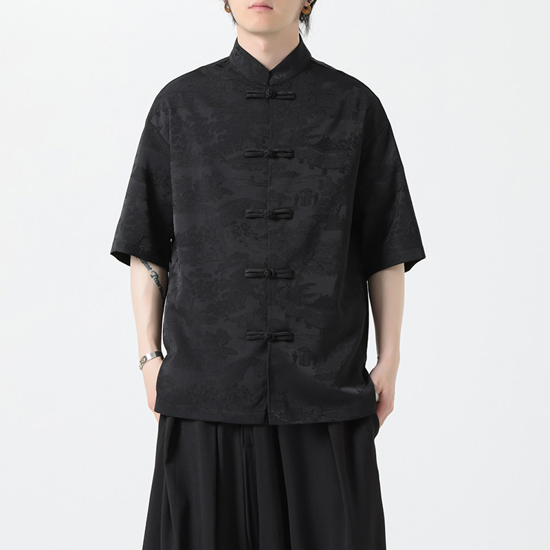 复古风汉服中国风男装夏季薄款提花短袖衬衫新中式唐装大码衬衣潮,淘宝优惠券,粉丝福利购,淘宝优惠卷