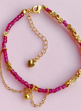 绝美天然无烧红宝石方糖手链高保色铜钱币细手链