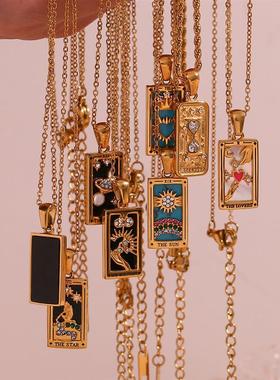 时尚覆古矩形锆石塔罗牌项炼