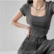 Hot Girl Pure Desire Fishbone U Neck Right Shoulder ເສື້ອຍືດແຂນສັ້ນສໍາລັບແມ່ຍິງ