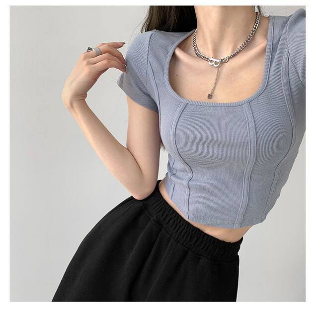 Hot Girl Pure Desire Fishbone U Neck Right Shoulder ເສື້ອຍືດແຂນສັ້ນສໍາລັບແມ່ຍິງ