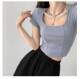 Hot Girl Pure Desire Fishbone U Neck Right Shoulder ເສື້ອຍືດແຂນສັ້ນສໍາລັບແມ່ຍິງ