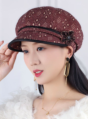 秋冬加厚印花鸭舌贝雷帽妈妈款