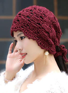 手工钩花流苏扎马尾包头毛线帽女