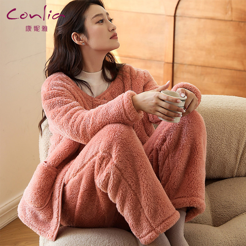 康妮雅秋冬女保暖加厚摇粒绒家居服套装纯棉翻领厚款珊瑚绒睡衣